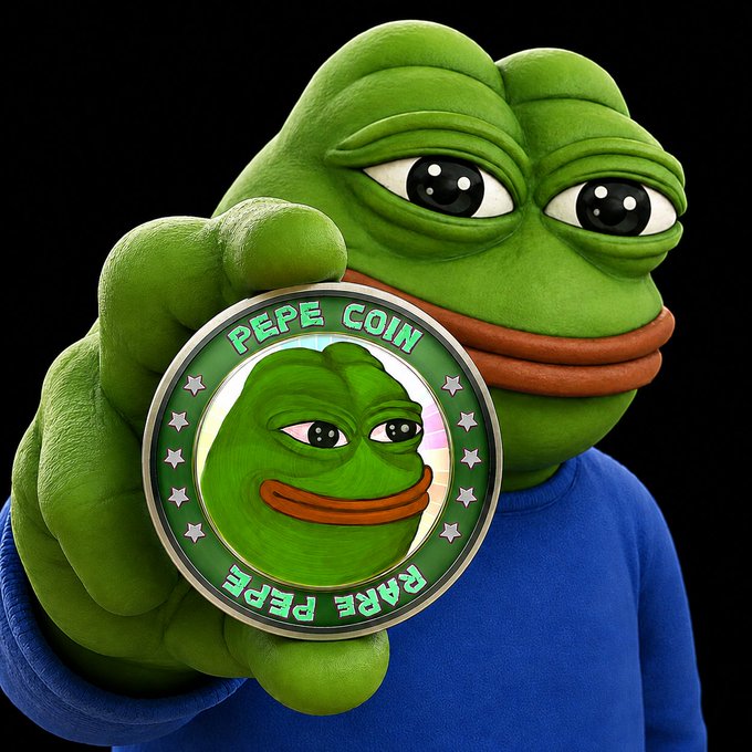 A 3D rendering of Pepe the Frog holding up a 'PEPE COIN' coin labeled 'RARE PEPE' with stars around the edge, wearing a blue sweater.