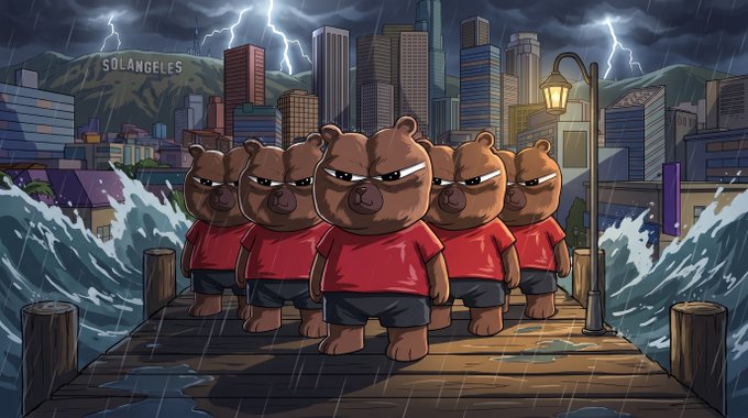 A group of angry cartoon bears in red shirts stands defiantly on a stormy dock in "Solangeles," mirroring the post's bullish 21% pump for $BOBO after joining the city's cast. The lightning-filled, rain-soaked cityscape evokes the volatile crypto market surge referenced in the caption.