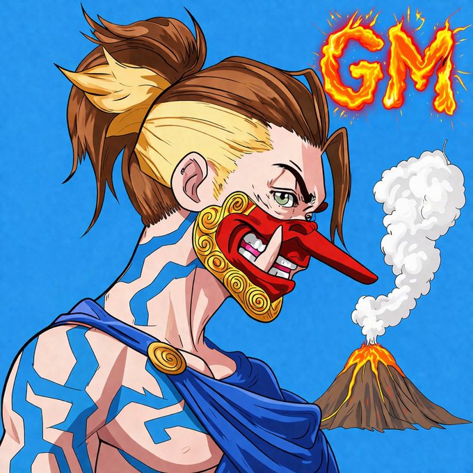 An anime-style character with blonde and brown hair wears a red ornate mask with a long protruding tongue, standing before an erupting volcano beneath flaming "GM" lettering—visually embodying the "Good Morning" greeting and the volatile, powerful energy of the project being hyped.