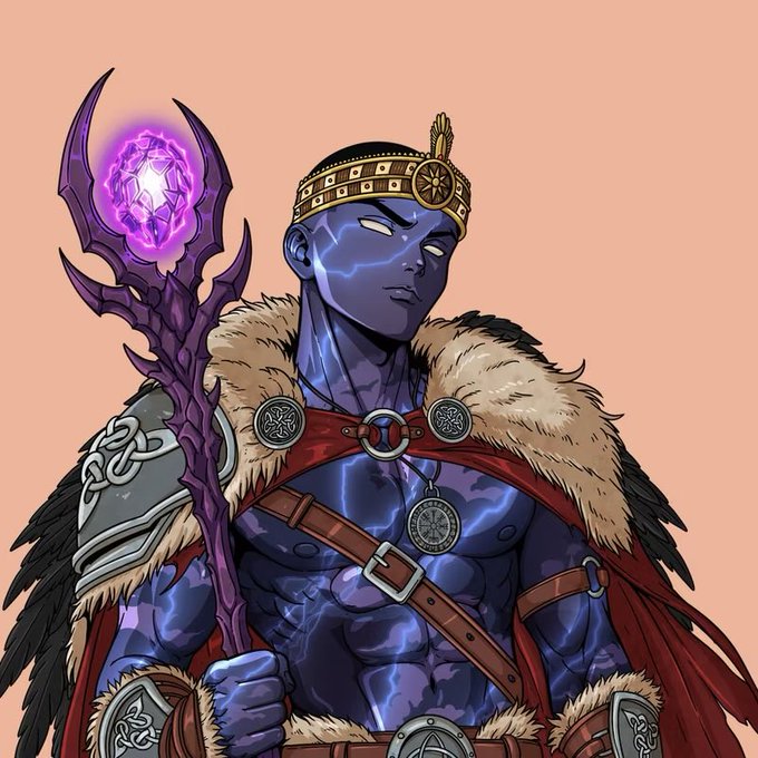 A digital illustration of a blue-skinned fantasy character with glowing white eyes and lightning patterns on their body, wearing a crown, fur-trimmed cape, and holding a dark staff topped with a purple glowing gem.