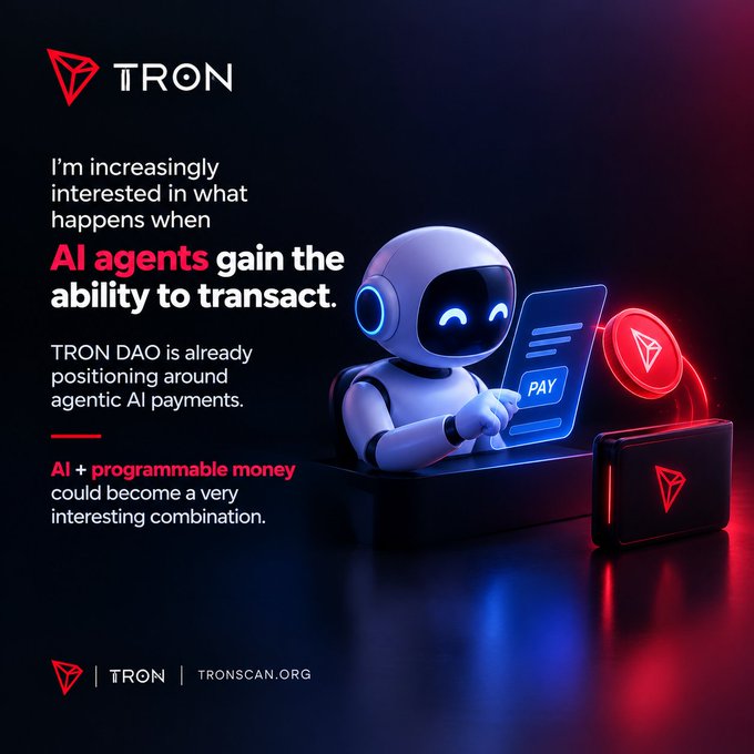 A promotional graphic for TRON DAO featuring a futuristic robot holding a glowing "PAY" tablet alongside a TRON coin and branded wallet, illustrating the concept of AI agents conducting transactions. The image's headline text reads "AI agents gain the ability to transact," with supporting copy noting TRON DAO's positioning around agentic AI payments and the potential of combining AI with programmable money. The design uses TRON's signature red and dark color palette to reinforce the branding.