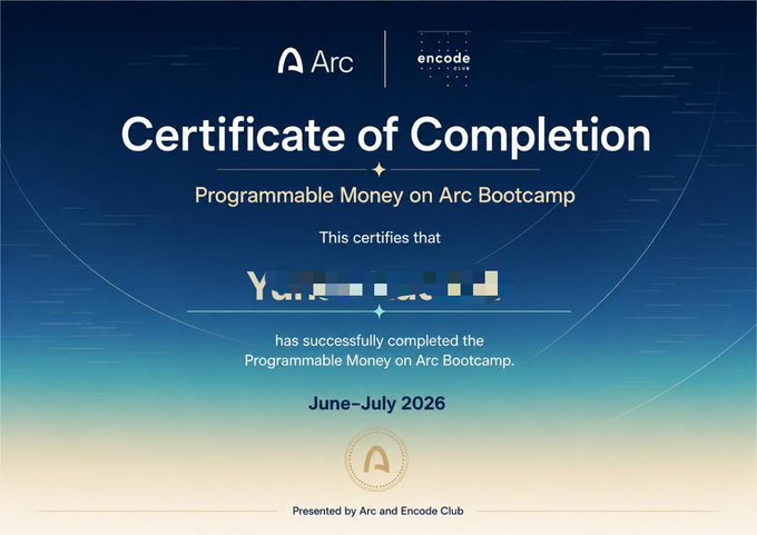 A 'Certificate of Completion' from Arc and Encode Club for the 'Programmable Money on Arc Bootcamp' dated June-July 2026, with the recipient's name blurred out.
