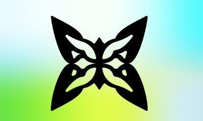 A black symmetrical butterfly-like emblem or logo displayed against a gradient background that transitions from light blue at the top to yellow-green at the bottom.
