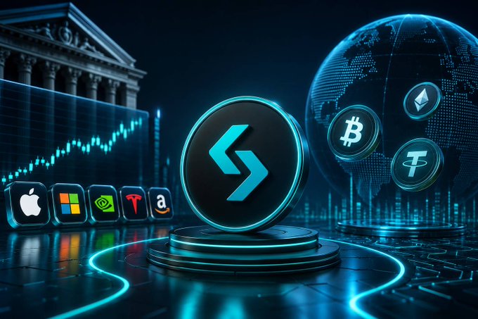 A digital artwork featuring a glowing blue cryptocurrency/token symbol on a pedestal, surrounded by a stock market chart, a globe, major stock logos (Apple, Microsoft, NVIDIA, Tesla, Amazon), and Bitcoin/Ethereum icons, set against a backdrop of a classical building resembling a stock exchange.