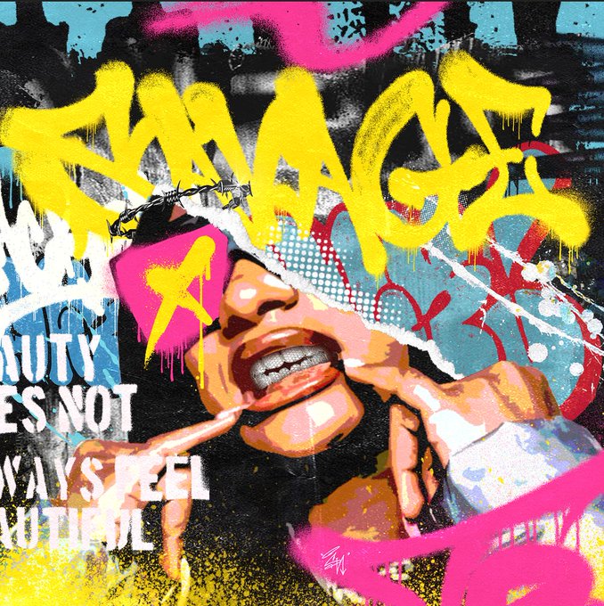 A vibrant pop-art style street art piece featuring the word 'SAVAGE' in yellow graffiti, a stylized face with gritted teeth, and text reading 'BEAUTY IS NOT ALWAYS BEAUTIFUL'.