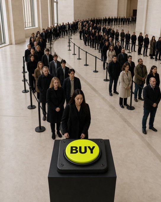 A conceptual image of a large queue of people in a vast hall leading toward a large yellow 'BUY' button on a black pedestal.