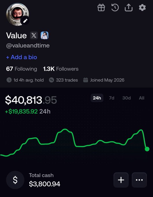 A profile screen for the user 'Value' (@valueandtime) showing a portfolio value of $40,813.95 with a 24h increase of +$19,835.92 and 323 trades.