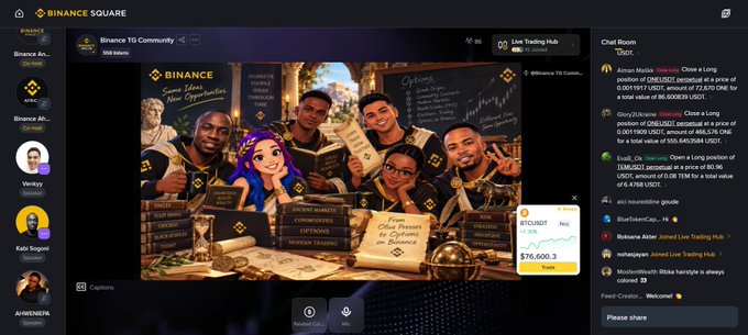 A screenshot of a Binance TG Community livestream titled 'Game Meets New Opportunities' showing hosts in a classroom-style set, with BTCUSDT trading at $76,600.3 and a chat room on the right.