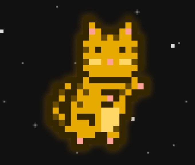 A simple pixel art animation of a small yellow cat-like creature with pink cheeks and tail, sitting against a dark, starry background.