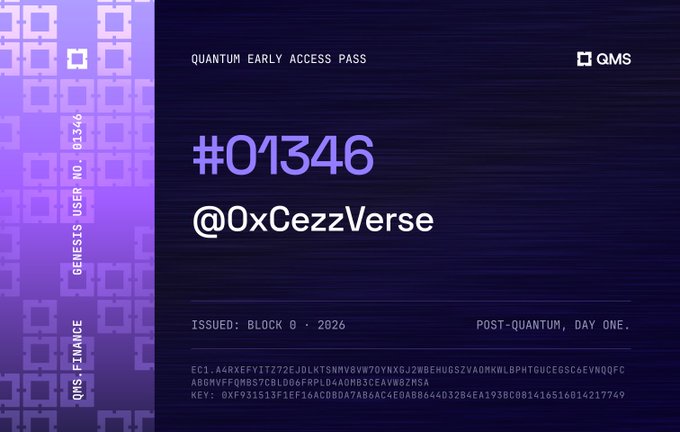 A purple and dark 'Quantum Early Access Pass' digital certificate #01346 for user @0xCezzVerse with QMS FinanCe branding.