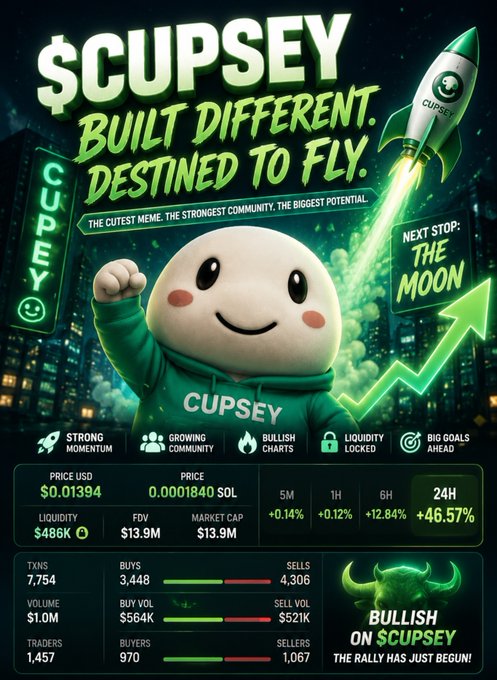 A "$CUPSEY" meme coin promotional graphic features a smiling mascot in a green hoodie with a rocket labeled "CUPSEY" launching toward "The Moon," alongside market stats showing a price of $0.01394, a 24H gain of +46.57%, market cap of $13.9M, and the tagline "Bullish on $CUPSEY: The rally has just begun!"—directly mirroring the post's emphasis on strong momentum, growing community, and the recent 46% surge.