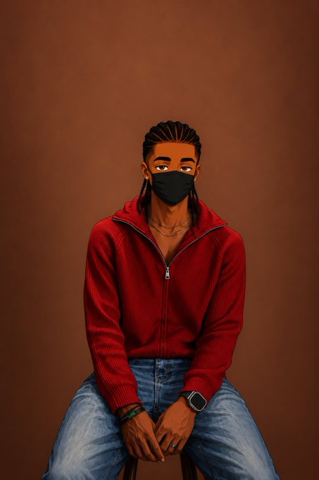 A digital illustration of a man with braided hair wearing a black face mask, a red zip-up sweater, blue jeans, a watch, and bracelets, seated against a brown background.