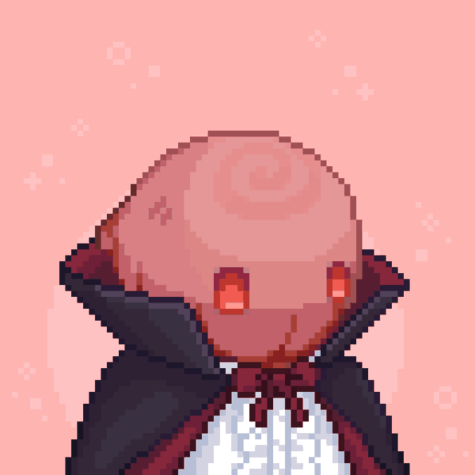 A pixel art character with a pink spiral-patterned head and glowing red eyes, wearing a dark hooded cloak with a white ruffled collar, set against a soft pink background with sparkles. The eerie, otherworldly appearance aligns with the post's speculation about it being a 1/1 vampire NFT from the Hollows collection.