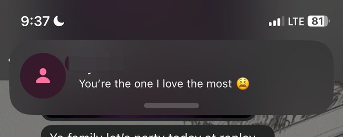 An iPhone lock screen notification at 9:37 PM reading 'You're the one I love the most' with a crying emoji and 'LTE 81' battery indicator.