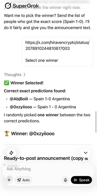 A SuperGrok chat interface showing a raffle announcement where the winner @0xzyiiooo was randomly selected for correctly predicting Spain 1-0 Argentina.
