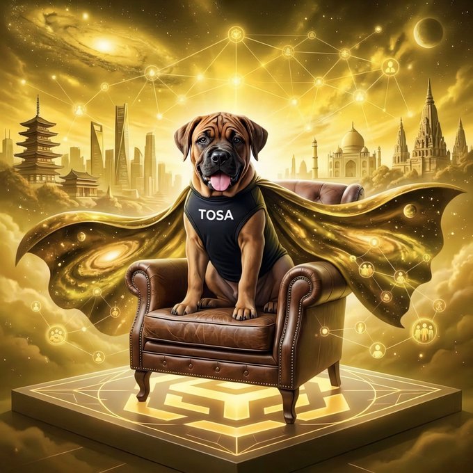 Surreal golden illustration of a brown dog wearing a “TOSA” shirt and cape, seated on a leather armchair amid glowing constellations, celestial clouds, and global landmarks.