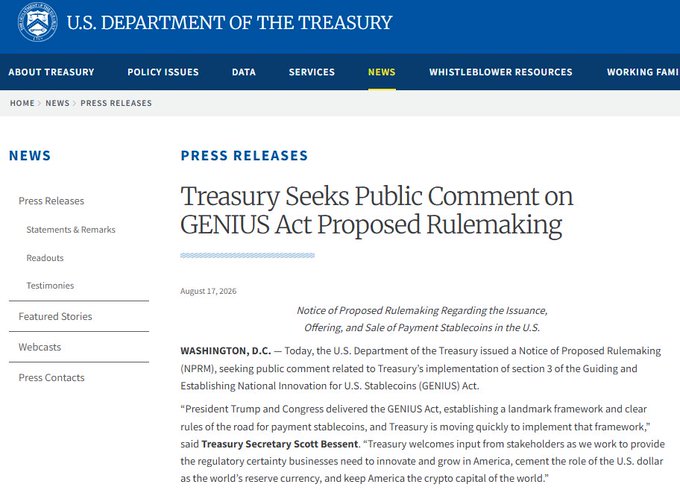 The image shows a U.S. Department of the Treasury press release from August 17, 2026, titled "Treasury Seeks Public Comment on GENIUS Act Proposed Rulemaking," announcing a Notice of Proposed Rulemaking (NPRM) to implement section 3 of the Guiding and Establishing National Innovation for U.S. Stablecoins (GENIUS) Act, with Treasury Secretary Scott Bessent welcoming stakeholder input on regulating payment stablecoin businesses.

This aligns with the accompanying post's claim about upcoming GENIUS Act compliance deadlines, reinforcing the argument that projects like Metallicus (with built-in BSA/AML/KYC compliance) will benefit as regulators formalize stablecoin licensing requirements.