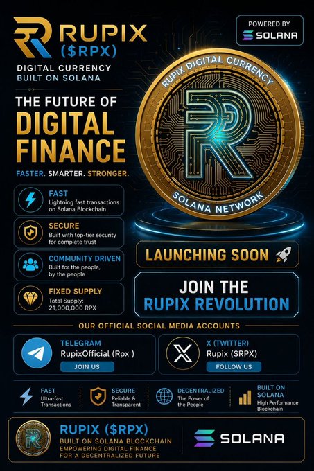 The image features a poster for Rupix, an upcoming digital currency project that will launch soon. The poster includes a gold coin with the word "Rupix" written on it, along with a blue circle containing the words "Digital Finance". The poster also highlights the benefits of joining the Rupix Revolution and mentions that Solana is involved in the project.
