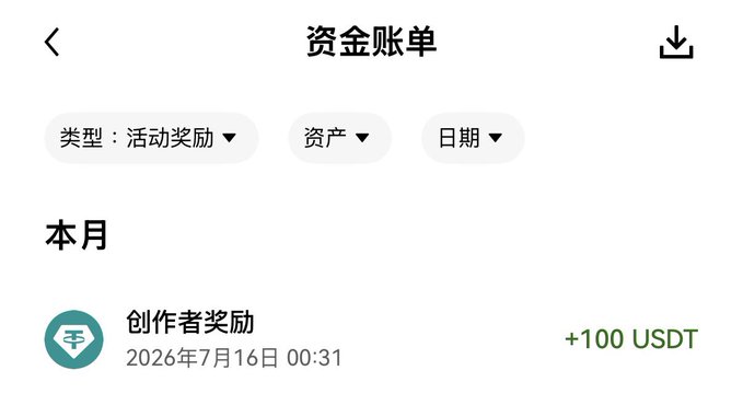 Chinese-language financial transaction screen showing 资金账单 (Funds Statement) with a creator reward (创作者奖励) of +100 USDT dated July 16, 2026.