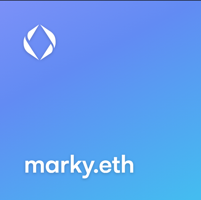 Minimalist blue gradient graphic featuring a white diamond/chevron logo and the text 'marky.eth' at the bottom.