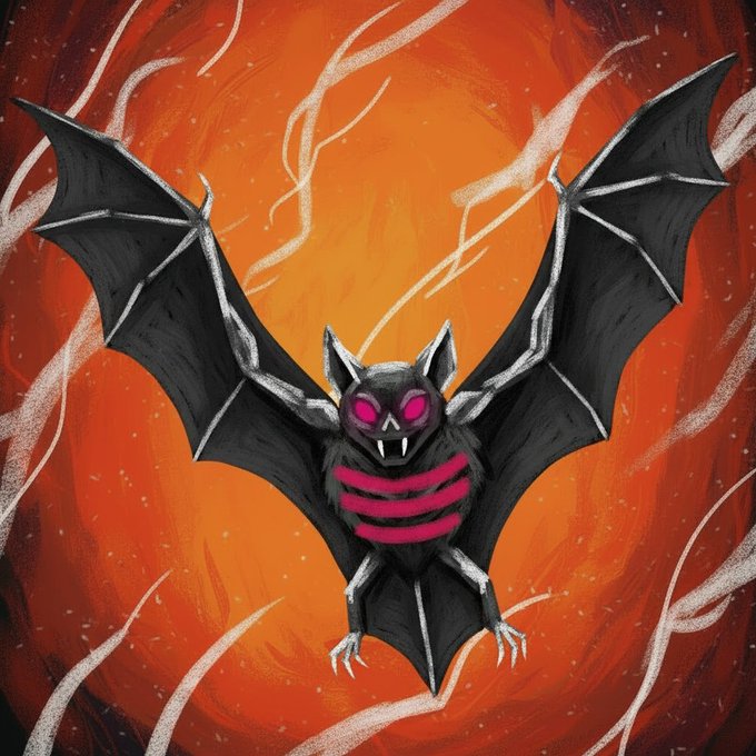 The image features a black bat with pink stripes, which appears to be flying through an orange background. The bat has its wings spread wide as if ready for takeoff or landing. In the top right corner of the image, there are some text elements that read "Another beautiful pull into the Realms Big thanks & welcome @ReFRAMEhub for minting your 1st Entity! You just introduced the second Vampire Bat into existence. The Realms are getting darker & more alive."