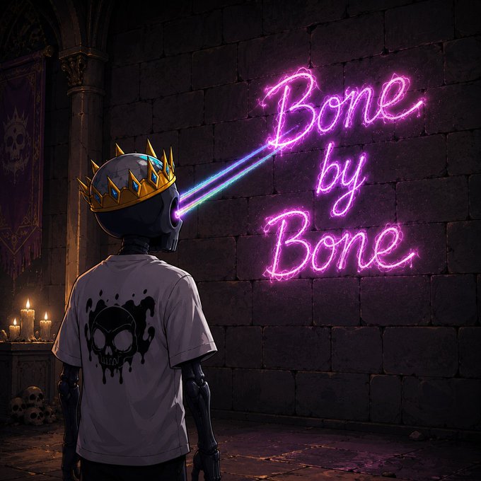A digital artwork of a skeleton wearing a crown and skull t-shirt, shooting pink neon laser beams from its eyes that spell 'Bone by Bone' on a dark brick wall.