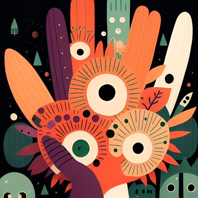 A whimsical illustration featuring abstract floral and organic shapes with prominent eyes, rendered in warm orange, purple, cream, and green tones against a black background, with small creature-like figures peeking in from the corners.
