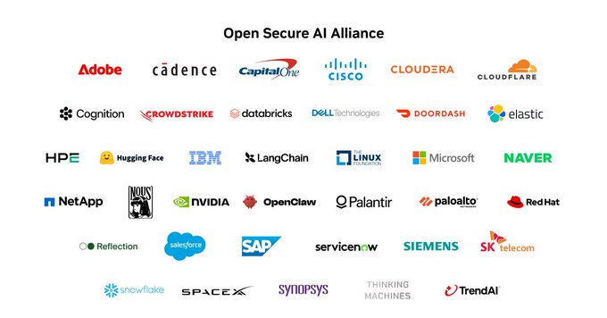 The image displays the logos of 38 member companies in the "Open Secure AI Alliance," including Adobe, Cisco, Microsoft, NVIDIA, IBM, Hugging Face, SpaceX, and Salesforce, among others. The post explains that Jensen Huang launched this alliance in response to the Hugging Face incident, where closed-source AI providers refused to allow access to underlying data for forensics, necessitating an open-source defense coalition against AI-powered hackers.