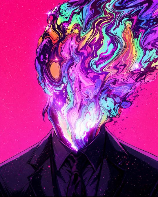 A vibrant digital artwork shows a person wearing a dark suit whose head explodes into a swirling mass of colorful, cosmic-looking energy against a pink background.
