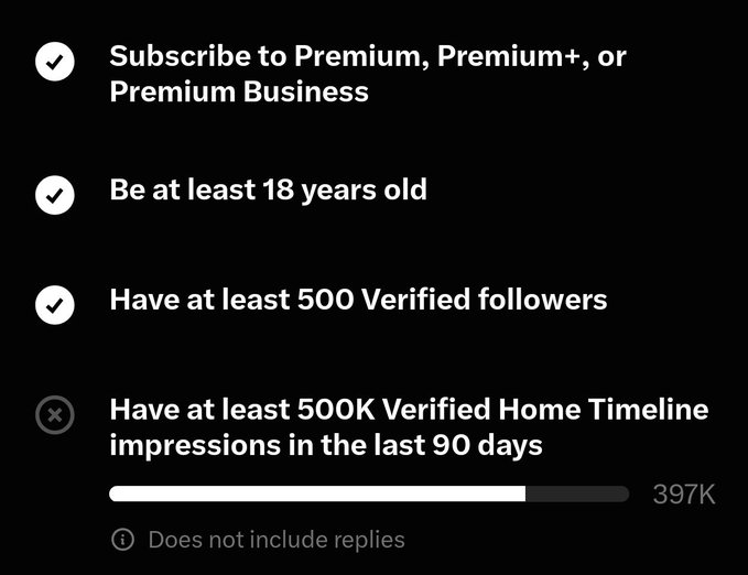 A Twitter/X verification checklist showing criteria including Premium subscription, being at least 18 years old, having 500 verified followers, and a progress bar showing 397K out of the required 500K verified Home Timeline impressions in the last 90 days.