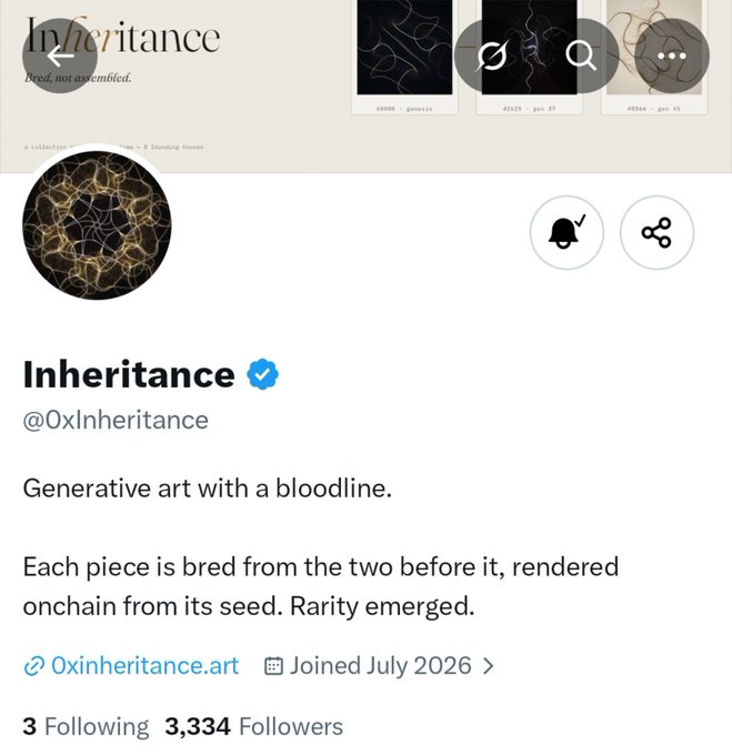 A social media profile page for "Inheritance" (@0xInheritance) on a platform, describing it as generative art with a bloodline where each piece is bred and rendered onchain, with 3,334 followers.