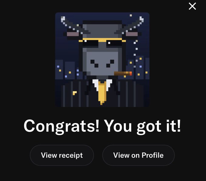 A pixel-art achievement screen featuring a smoking character in a suit and hat, with the text 'Congrats! You got it!' and options to view the receipt or profile.