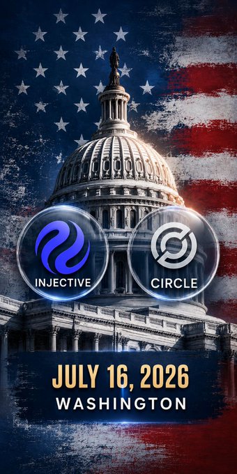 A promotional graphic for the Injective Summit in Washington on July 16, 2026, featuring the U.S. Capitol dome against an American flag backdrop with the Injective and Circle logos prominently displayed, highlighting Circle's attendance at the event.