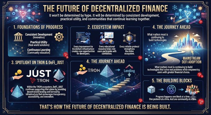 An infographic titled 'THE FUTURE OF DECENTRALIZED FINANCE' outlining five key points: Foundations of Progress, Ecosystem Impact, Spotlight on TRON & DeFi_JUST, The Journey Ahead, and The Building Blocks, emphasizing consistent development, practical utility, and community learning.