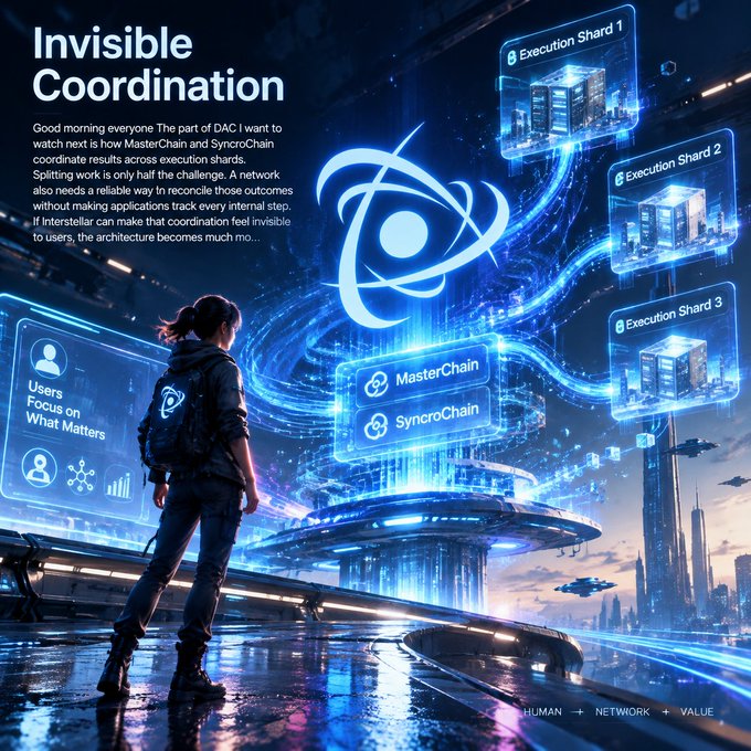 A futuristic "Invisible Coordination" graphic showing a person looking at a holographic display with MasterChain and SyncroChain linking to Execution Shards 1, 2, and 3, alongside text about the Interstellar DAC architecture.
