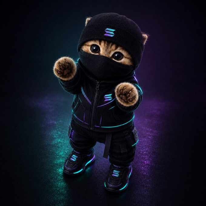 A digitally rendered cat dressed in a black streetwear outfit—including a beanie, face mask, jacket, cargo pants, and sneakers, all accented with glowing teal and purple neon lines and a small Solan…