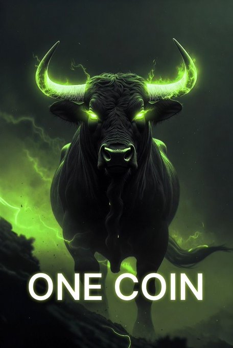 A dramatic digital illustration of a black bull with glowing green horns and eyes surrounded by green mist and lightning, with the text 'ONE COIN' at the bottom.