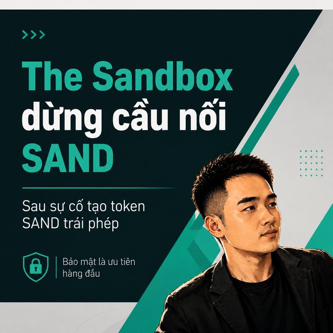 A Vietnamese promotional graphic featuring a man in a black jacket, with text reading 'The Sandbox dừng cầu nối SAND' and 'Sau sự cố tạo token SAND trái phép'.