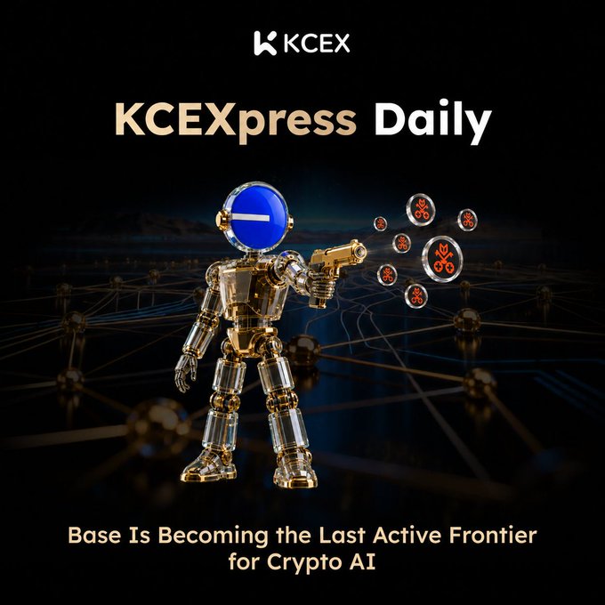 The image features a robot standing against a black background, holding a gun and surrounded by numerous small balls. The text above the robot reads "KCEXpress Daily" and below the robot says "Base Is Becoming the Last Active Frontier for Crypto AI". This suggests that Base is becoming an essential part of the crypto AI ecosystem, as it serves as the last active frontier in this field.