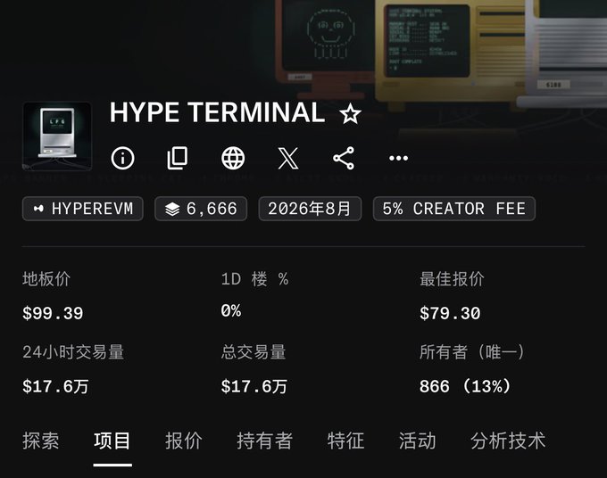A cryptocurrency token page for 'HYPE TERMINAL ☆' on the HyperEVM chain, showing a floor price of $99.39, best offer $79.30, and 24-hour trading volume of $17.6万 (176,000), dated 2026年8月 with a 5% creator fee.