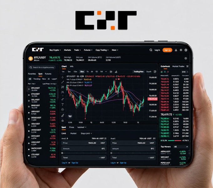 A person holds a smartphone displaying the C:IT cryptocurrency trading app, featuring BTC/USDT charts and an orderbook for various tokens including SOL, BNB, DOGE, and XRP.