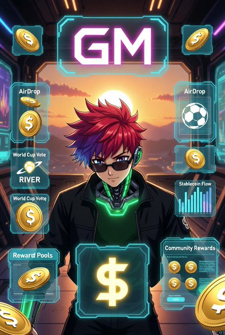 The image features a man with red hair wearing sunglasses, standing in front of a poster for GM GM. The poster includes various elements related to gaming and cryptocurrency, such as coins, rewards, and a virtual world map. The man's presence on the poster suggests that he is involved in or interested in the gaming community, possibly participating in an online gaming event or promoting a new game release. The post also mentions a World Cup voting challenge and a seamless stablecoin spends pool, which could be related to GM GM's involvement with these gaming events or initiatives.