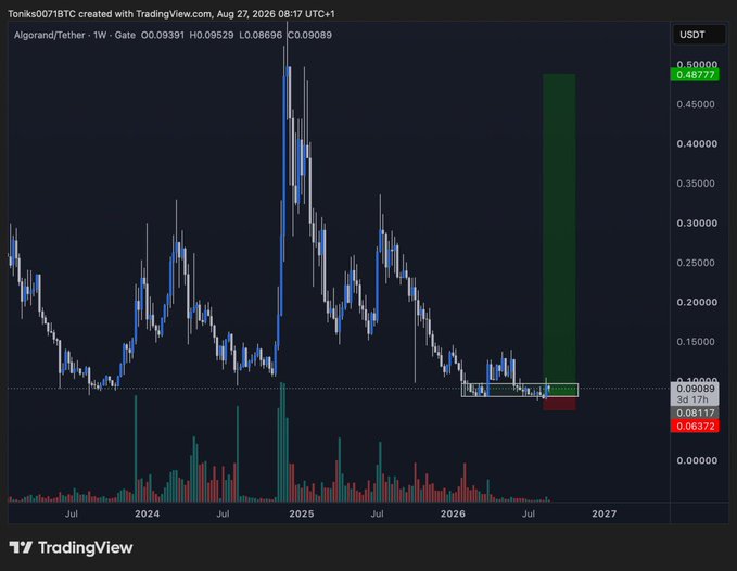 A weekly Algorand/Tether (ALGO/USDT) TradingView chart from Gate exchange showing ALGO trading at $0.09089, with a massive projected bullish move highlighted by a large green box extending from current levels around $0.08 toward $0.50. The chart visualizes the poster's thesis of accumulating ALGO below $0.10 for long-term gains, despite the token trading near multi-year lows after its 2024 peak.
