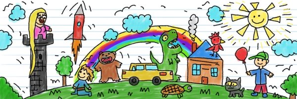 A colorful, hand-drawn doodle depicts whimsical childhood imagery—including a rocket, rainbow, dinosaur, castle, sun, and various cartoon characters—evoking nostalgia for creative playtime. The illustration complements the post's theme of an NFT series called "Kid Story," which celebrates childhood imagination and drawing.