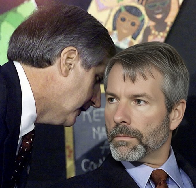 The image shows two men dressed in suits with one man wearing a tie that has the words "Strive" written on it. The other man appears to be looking at him, possibly discussing something related to their business or work. The text "focus on what is in the image and how it relates to the post" suggests that they might be talking about an event or situation happening outside of the frame captured in the photo.