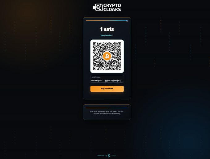 A 'CRYPTO CLOAKS' payment interface showing '1 sats' with a Bitcoin QR code, Lightning address 'lnbc1...@getalby.com', and an orange 'Pay in wallet' button on a dark background.