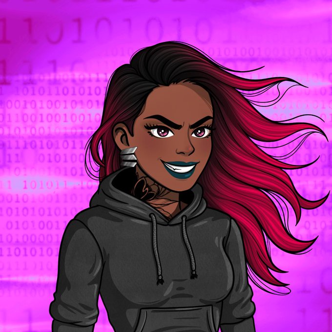 A digital illustration of a confident woman with flowing dark hair tipped in magenta, wearing a dark gray hoodie, set against a purple background covered in binary code patterns.