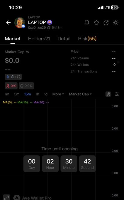 A screenshot of the Ave Wallet Pro app showing the $LAPTOP token market page with a live countdown timer reading 00 days, 02 hours, 30 minutes, and 42 seconds until opening, with $0.0 market cap, 0 holders, and 5h48m remaining.