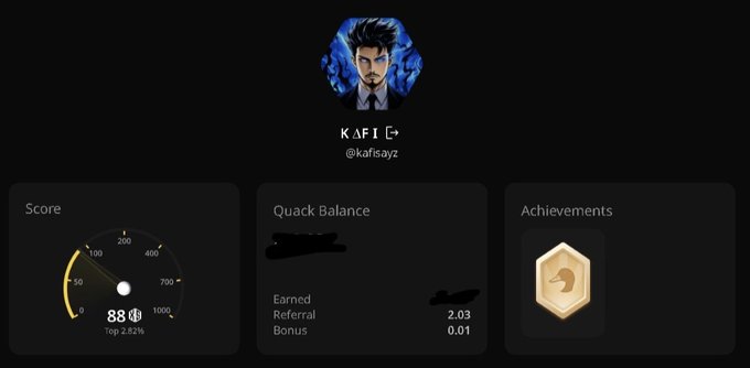 A digital profile card for 'KAFI' (@kafisayz) displays a cartoon avatar, a score of 88 (Top 2.82%), a Quack Balance with 2.03 Earned and 0.01 Referral Bonus, and an achievements badge.