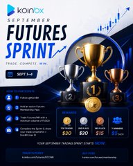 A promotional poster for KoinEx 'SEPTEMBER FUTURES SPRINT' competition taking place September 1-4, featuring prize trophies worth $30, $20, and $10 USDT.